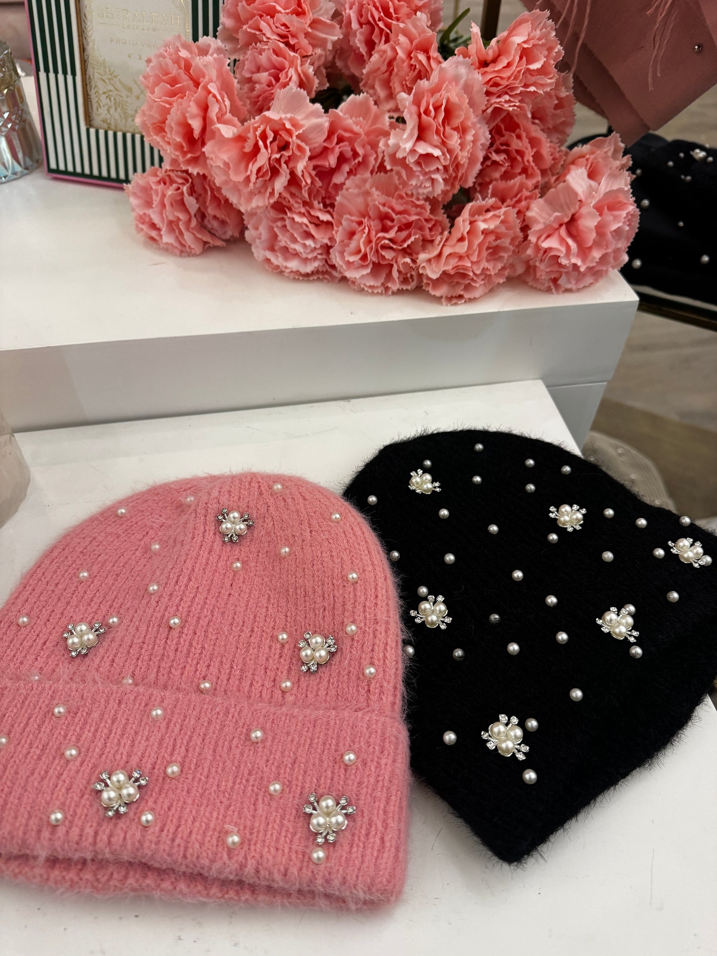 Pearl Rhinestone Embellished Knit Beanie