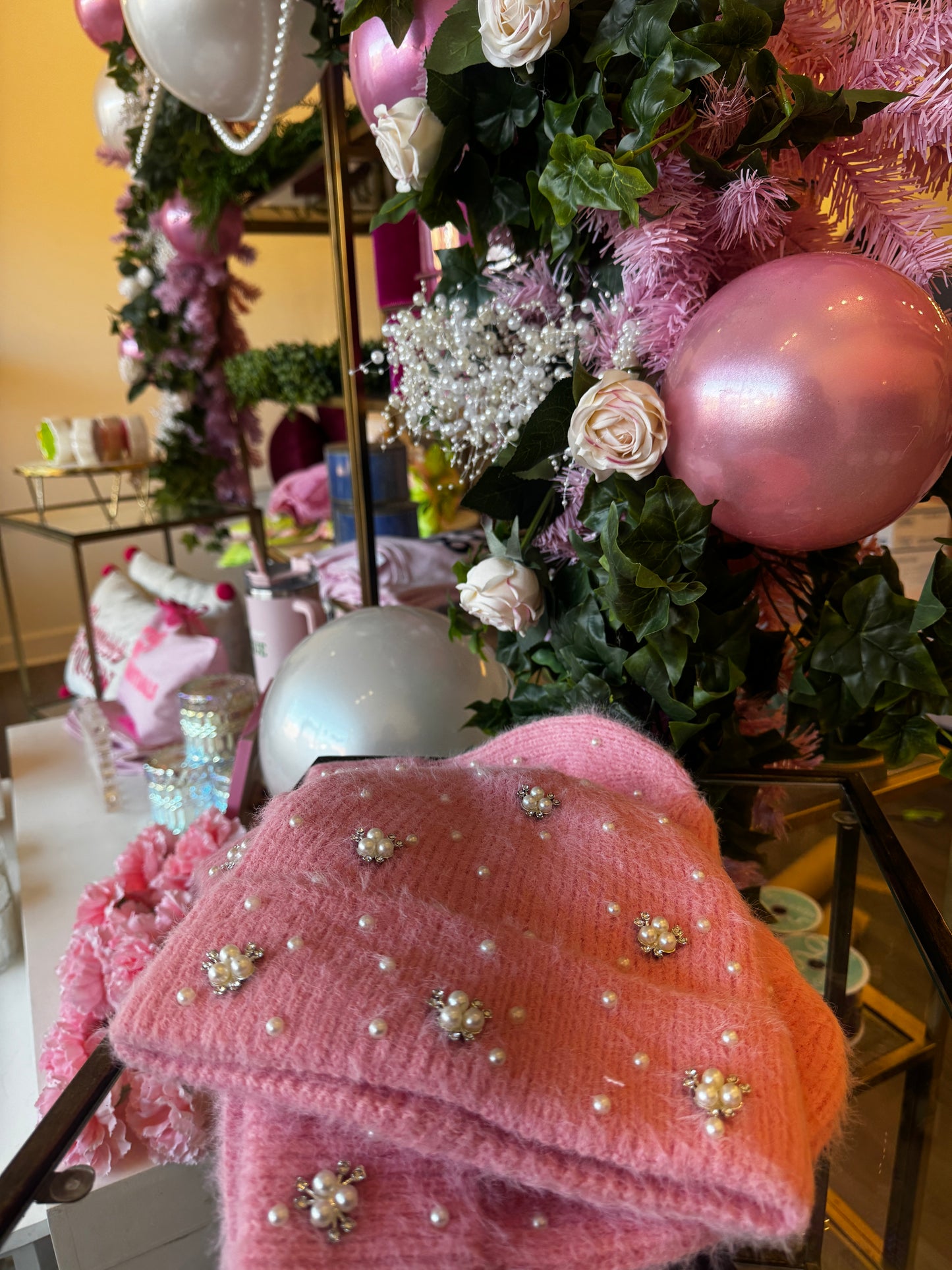 Pearl Rhinestone Embellished Knit Beanie