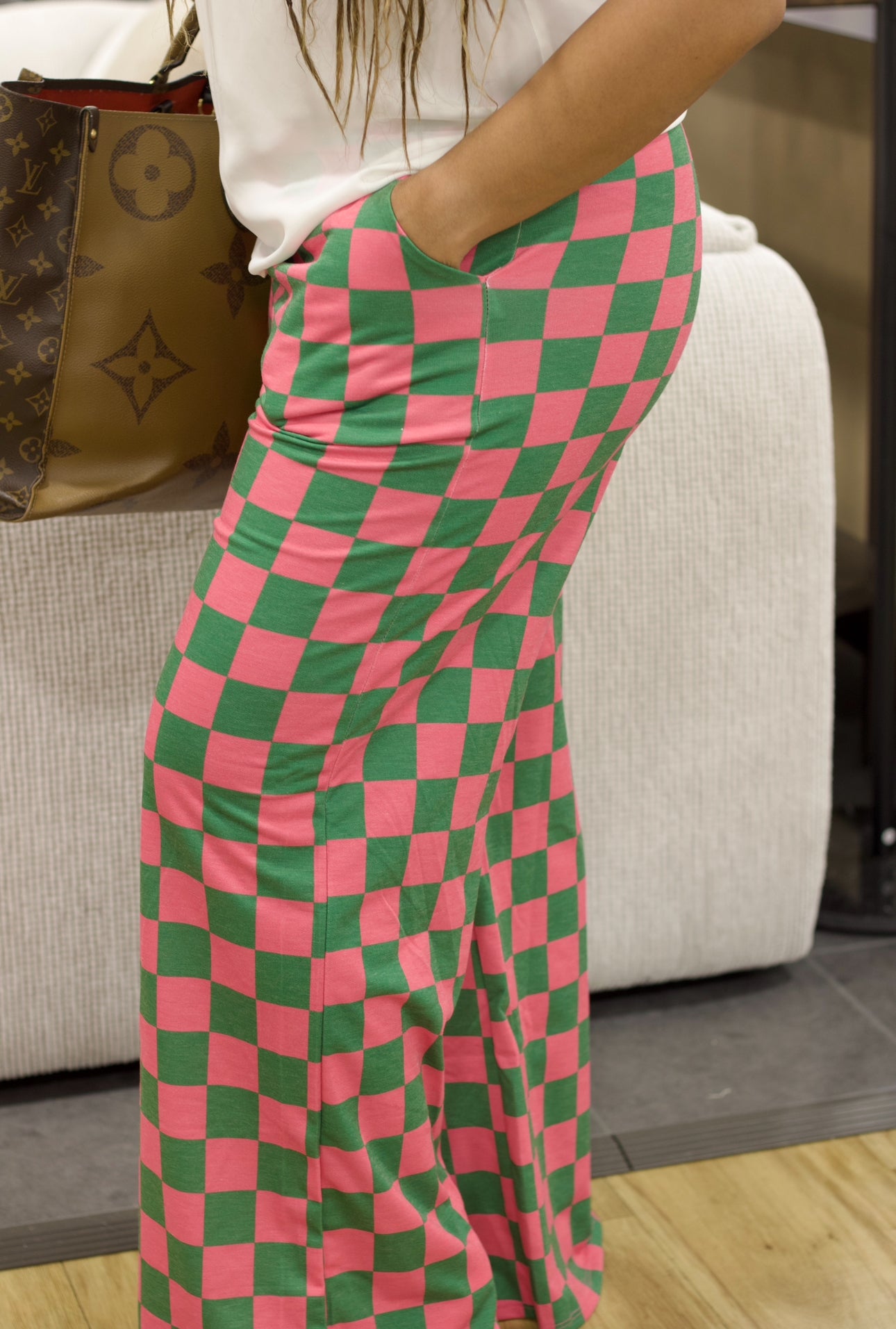 Checkerboard Charm Pants Pink + Green